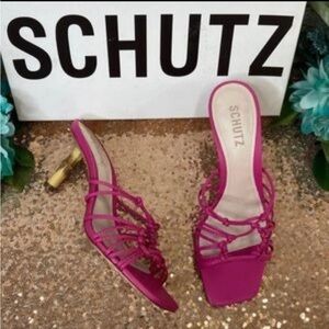 Schutz Pink Leather Mules Heel Sandals Size 9.5